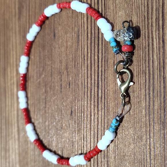 Red, White and Turquoise Beaded Bracelet, Handmade Men's Bracelet, White - Picture 3 of 6